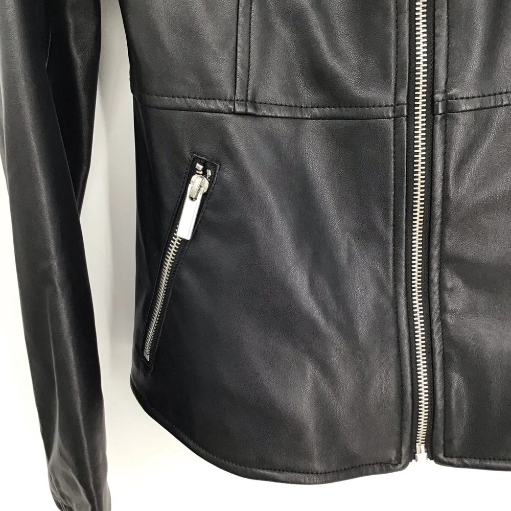 ZARA Faux Leather Moto Biker Collarless Jacket Edgy Career Black Size Small - Picture 8 of 10